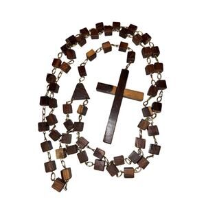 Vintage 5 Foot Wooden Cubed Rosary Wall Hanging Decor Brown Gold Christian Cross